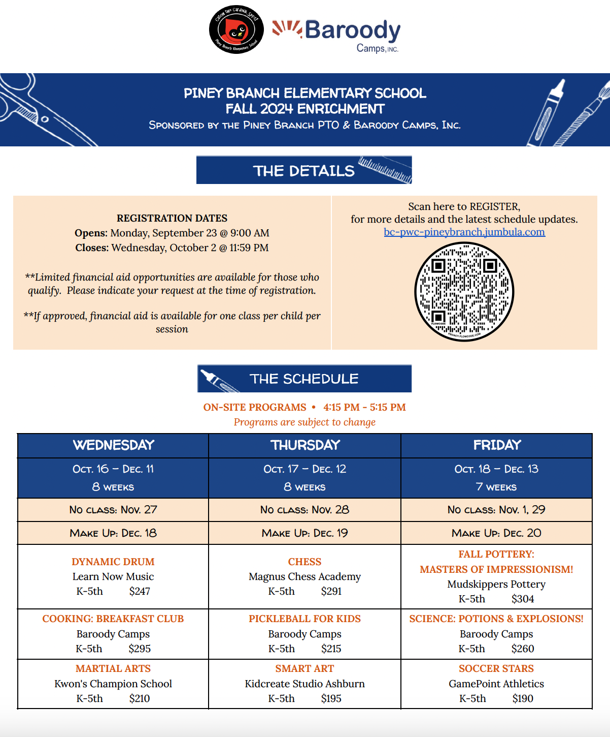 Piney Branch Enrichment Programming Flyer - Fall 2024