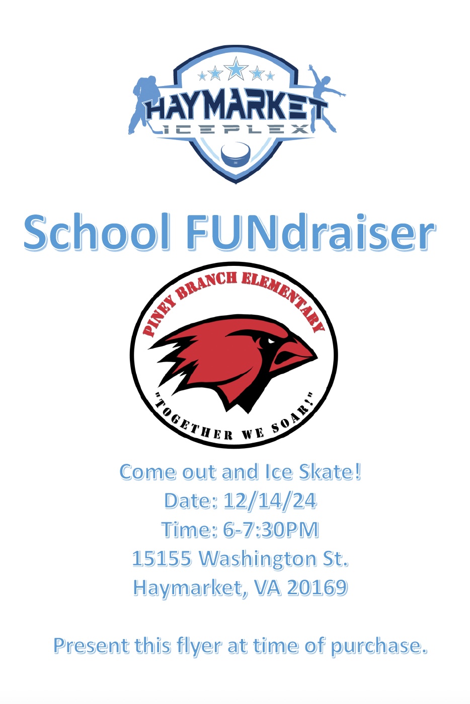 Flyer illustrating that Spirit Night at Haymarket Iceplex is on Saturday December 14th from 6:00-7:30PM and is required for entry to the event.