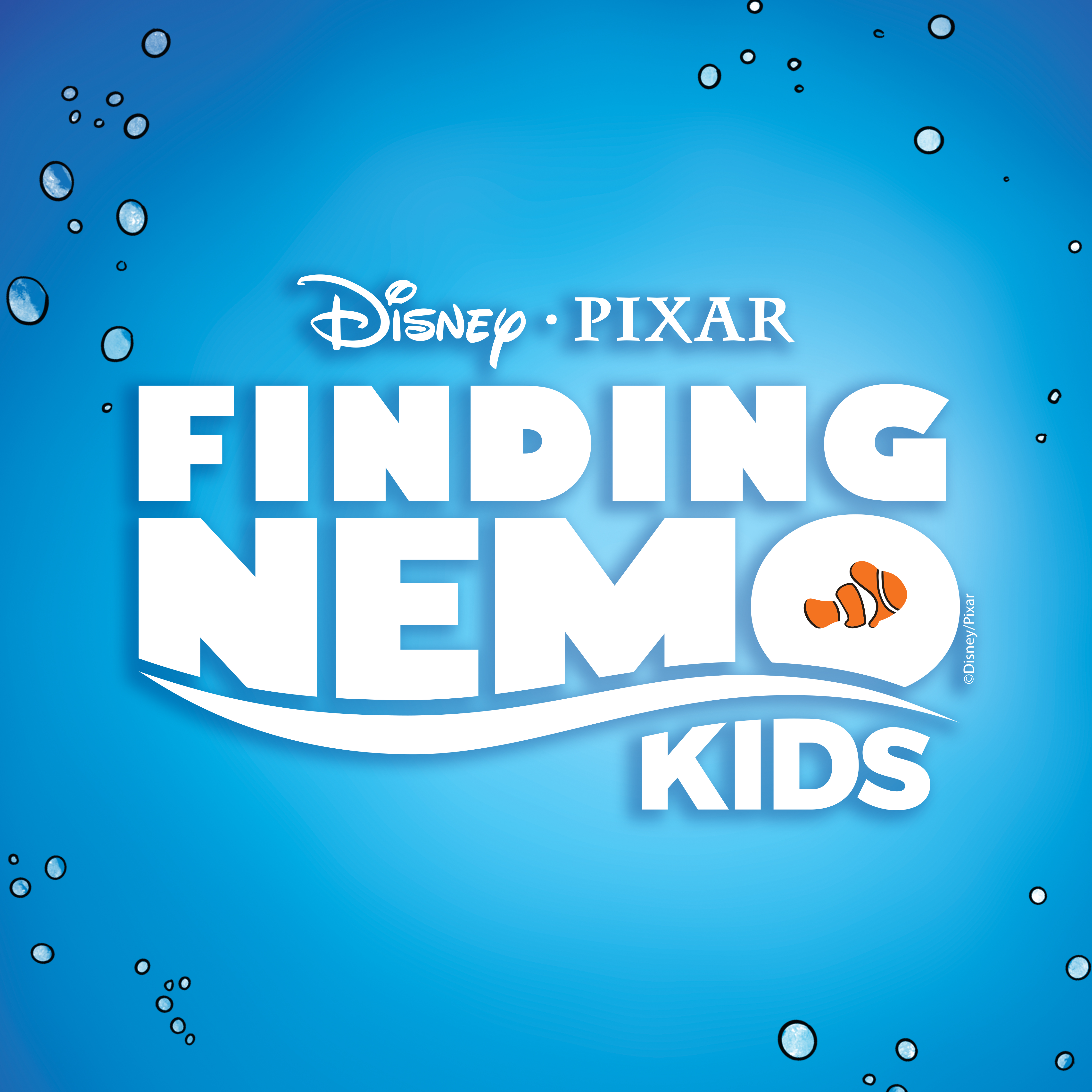 Finding Nemo Kids musical title with white lettering on a blue background with floating bubbles. 