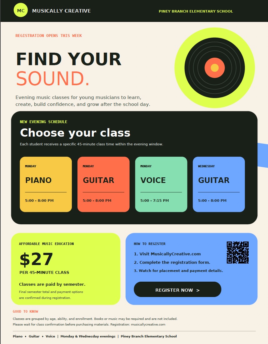 Music classes now available. Guitar, piano, and voice lessons from 5-8pm Monday and Wednesday this fall